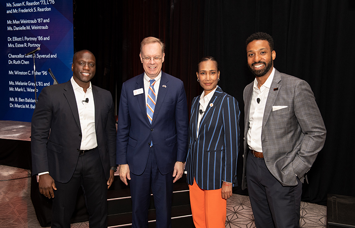 (L-R) Paul Dimoh, ’05, G’08, Kent Syverud, Robin Evans G’21, Alexander Demas G'18